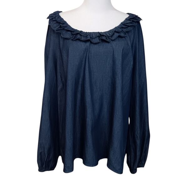 $118 NEW DRAPER JAMES Chambray Denim Peasant Top Blouse 1X Ruffle Boho Feminine - Picture 12 of 12